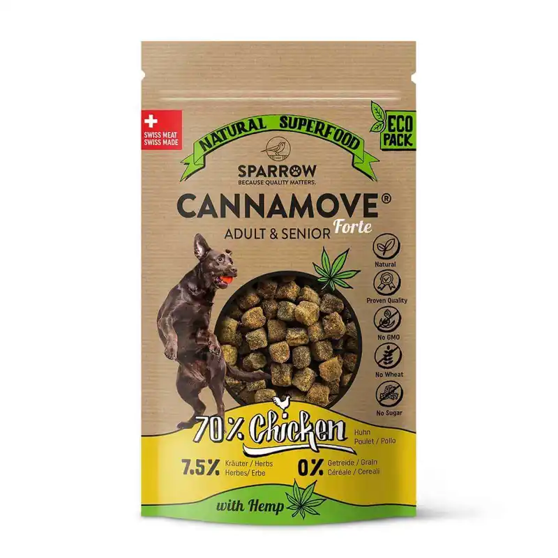 Abverkauf Sparpaket 2 x 200 g Sparrow CannaMove Forte Adult & Senior 70% Chicken with Hemp Hunde Snack